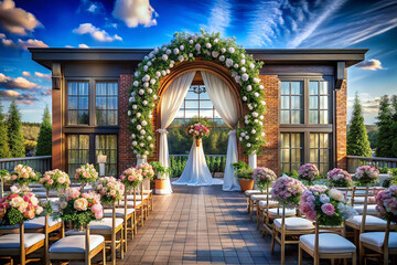 Fototapeta premium Outdoor wedding ceremony, patio arch, floral decor, scenic backdrop