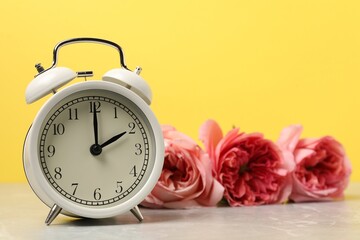 Spring time. Alarm clock and beautiful roses on grey marble table against yellow background