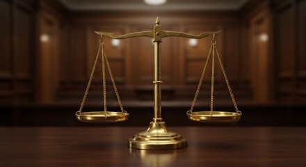 Justice Scales: Symbol of Fairness and Equity - Golden scales of justice in a courtroom setting, symbolizing fairness, balance, law, judgment, and equity