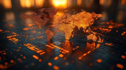 Global digital map on circuit board at sunset
