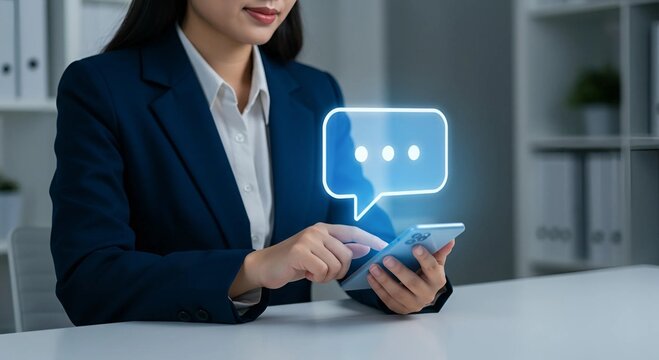 "A digital messaging concept featuring a glowing chat bubble icon floating above a smartphone, with a professional woman in formal attire using the device in an office."