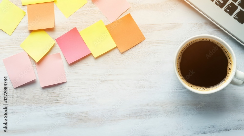 Poster desk setup depicting multitasking and time management. sticky notes scattered beside a cup of coffee