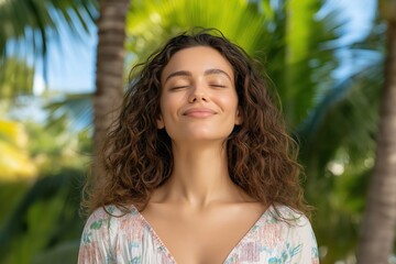 Fototapeta premium A woman with long brown hair is smiling and looking up at the sky. She is wearing a floral dress and she is enjoying the outdoors