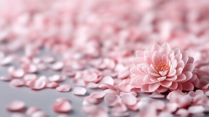 Obraz premium Delicate pink flower surrounded by petal confetti on a soft background in a serene setting