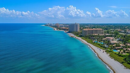 Fototapeta premium Scenic aerial view of oceanfront city with skyscrapers and clear blue water