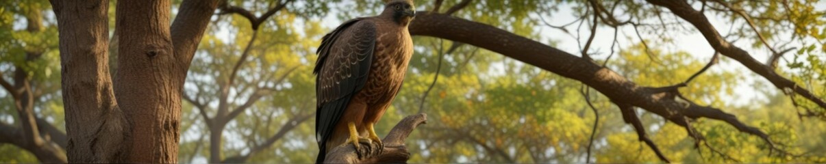 Obraz premium Crested Serpent Eagle in a tree, balancing its body against the trunk, foliage, peaceful, harmony