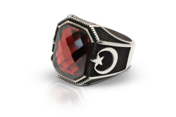 Silver Men's Ring with Red Stone and Crescent Star Design