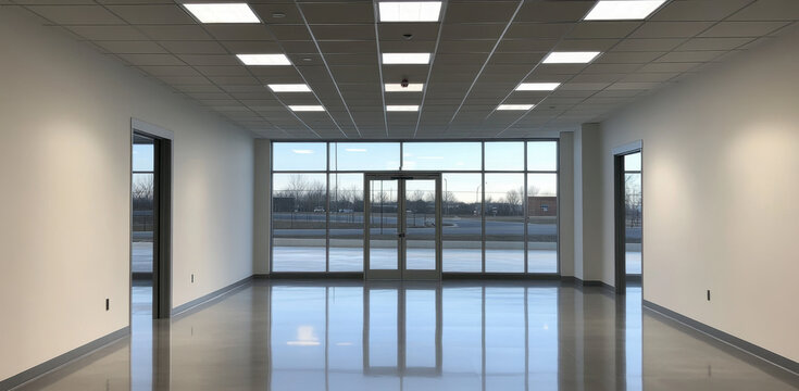 Large empty office space features square LED lights and expansive windows, creating a bright, open environment with modern aesthetics
