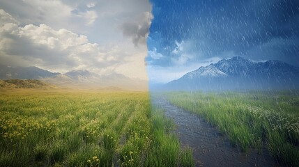 Dramatic contrast of dry and rainy landscapes showcases nature's diverse weather patterns in a scenic mountain setting