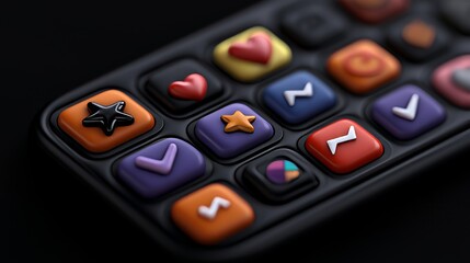 Fototapeta premium Colorful 3D Icons on Black Surface Representing Digital Communication and Social Media Interaction