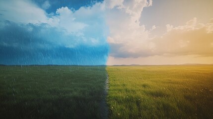 Nature contrasts with rain on one side and sunshine on the other, showing a vivid transition in weather conditions and landscapes