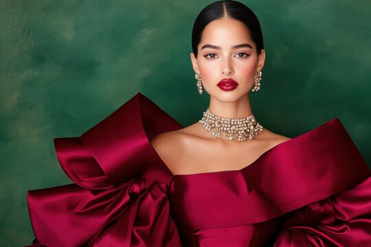 Elegant model showcases deep plum dress with classic jewelry against moody hunter green backdrop in editorial fashion shoot