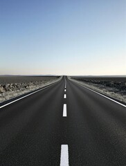 Fototapeta premium Dark asphalt road stretching into the distance with a series of white dividing lines running along its center, country road, white lines, isolated road, rural landscape