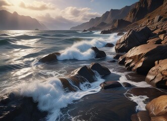 Obraz premium Dark blue and brown waves washing over a rocky shoreline, scenery, coastline