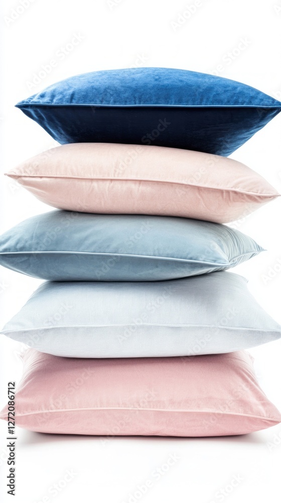 Poster a beautifully arranged stack of soft pillows with varying pastel shades rests against a clean white 