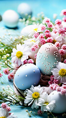Fototapeta premium Vertically. Pastel Easter eggs adorned with delicate pearl decorations surrounded white daisies and pink blossoms on blue background. Elegant spring composition for festive designs and seasonal decor