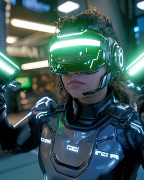 Futuristic VR gamer woman in a dark futuristic city