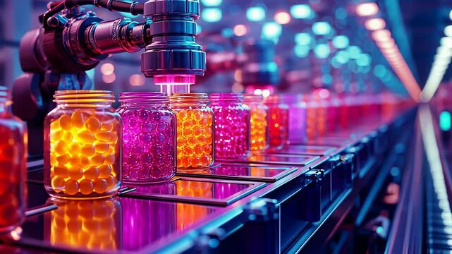 Mechanized packing line for gummy jelly candies at a manufacturing facility