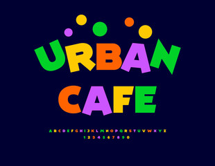 Vector Holiday flyer Urban Cafe. Bright Joyful Font. Creative Alphabet Letters and Numbers set.