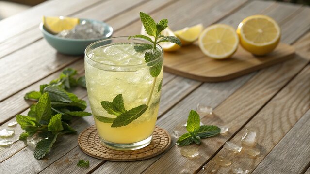 A refreshing glass of iced lemonade with mint leaves on a wooden table, high-resolution, realistic style