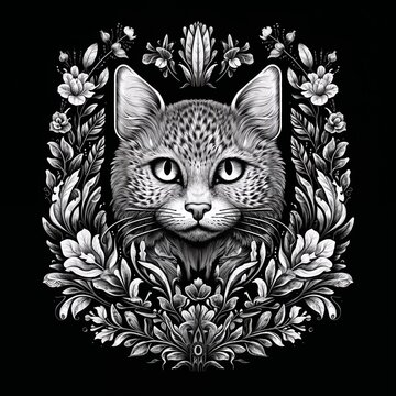 Cat Head in Floral Frame with Ornate Symmetrical Design
