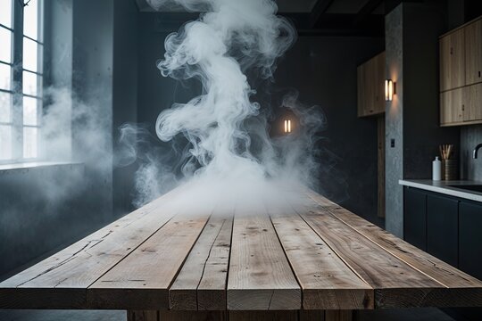 Simple Wooden Countertop with Mist in a Dimly Lit Room