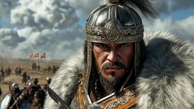 Medieval Tatar Mongol warrior in ornate helmet prepares for battle in vast grasslands during a historic military campaign