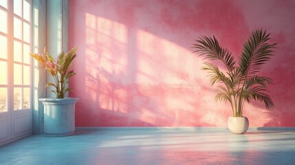 Bright and Airy Interior with Pink Wall and Potted Plants