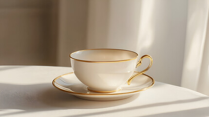 Elegant teacup with gold trim sits on a matching saucer, bathed in soft, natural light on a white table.