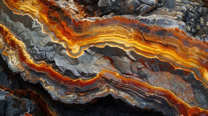 Obraz premium Unusual agate formation reveals rich orange and gray stripes, set against a rocky background, showcasing the beauty of nature's mineral artistry in a serene outdoor environment.