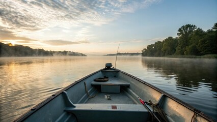 Early morning fishing trip on a boat, peaceful morning atmosphere, fishing vessels, ocean water