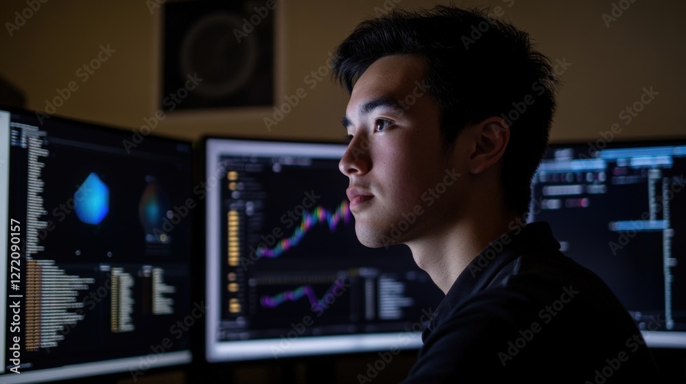 Poster young cybersecurity analyst working late at night, intensely focused on analyzing complex data acros