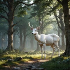 Fototapeta premium Elegant white deer grazing in a mystical forest setting, otherworldly, dreamlike