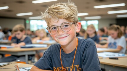 Smiling Boy in Glasses Sitting in Classroom Filled with Students Focused on Learning