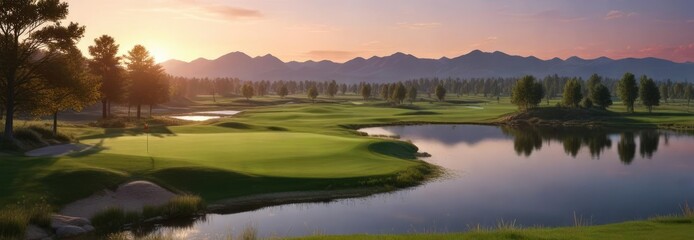 Evening golf course landscape with a lake in the background, golf course, evening