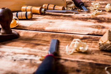 Carpenter cabinet maker hand tools on the workbench.