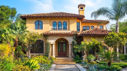 Mediterranean style mansion surrounded by lush tropical plants in sunlit garden setting