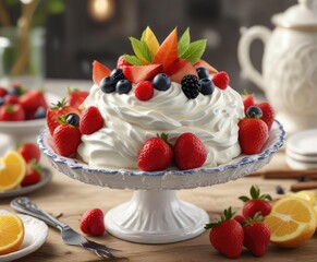 Festive whipped cream dessert served in a decorative dish with sliced fruit, decoration, kiwi, slice, festive