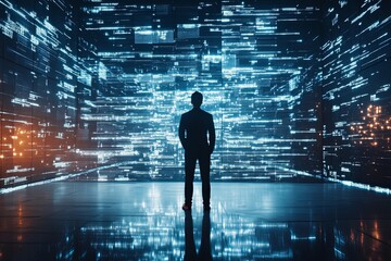 Silhouette of adult male gazing at futuristic digital data wall