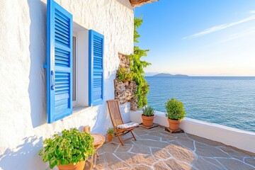 Fototapeta premium Cozy Mediterranean balcony with pastel shutters, potted plants, and a breathtaking sea view in soft golden light during sunset