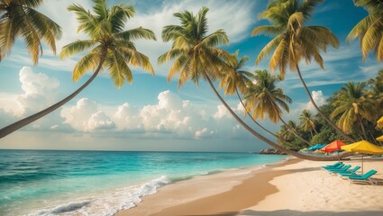 Tropical beach with palm trees and colorful umbrellas on sand during a sunny day