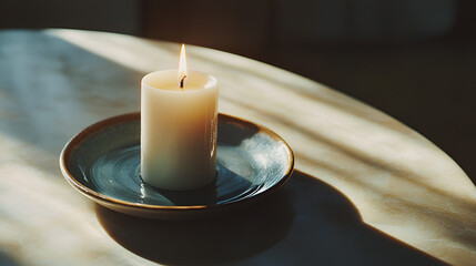 A white candle with a flame sits atop a decorative dish on a light surface with contrasting shadows.
