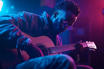 Obraz premium African male young adult guitarist playing acoustic guitar in neon lighting