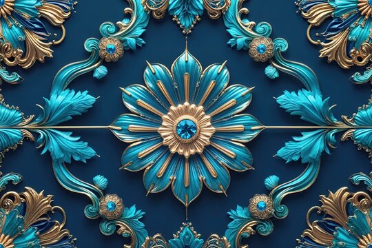 Elegant Ornamental Background Featuring Turquoise Stripes on Sapphire Luxurious 3D Template Design