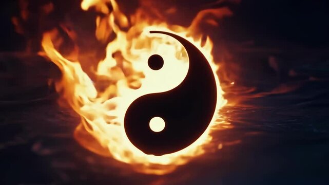 This mesmerizing display showcases the yin-yang symbol emerging from a swirl of flame and water, symbolizing balance and harmony between opposing forces in dynamic motion.