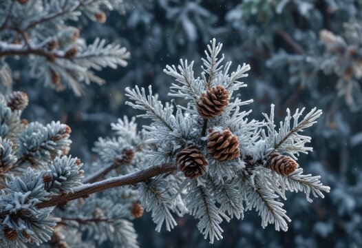 Frozen tree branches with pine cones and snowflakes , evergreen trees, frost