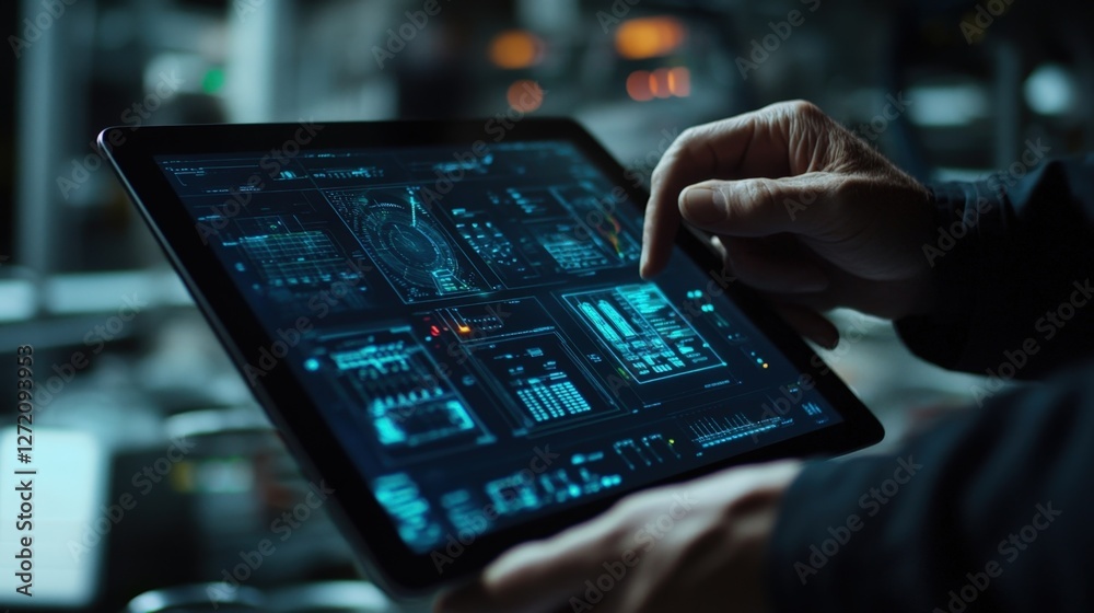 Poster it engineer is using a touchscreen tablet, monitoring cyber security systems, displaying various dat