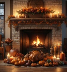 Obraz premium Gathered around the fireplace with Thanksgiving decorations, decorations, thankful