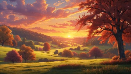Fototapeta premium Vibrant sunset colors illuminating a tranquil autumn landscape with rolling hills and colorful trees