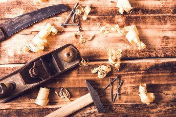 Carpenter cabinet maker hand tools on the workbench.